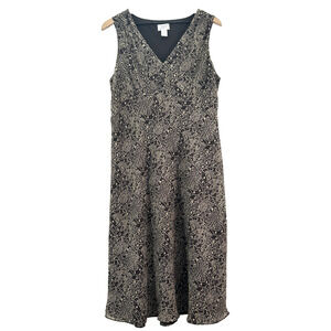 VTG Loft 90s‎ Chiffon dress 14 Brown Midi Empire Waist Lace Print Crepe Button V